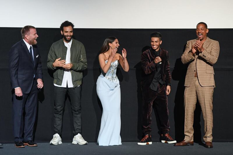 Ritchie, cast member Marwan Kenzari, Scott, Massoud and Smith on stage at the European Gala Screening. Getty Images.