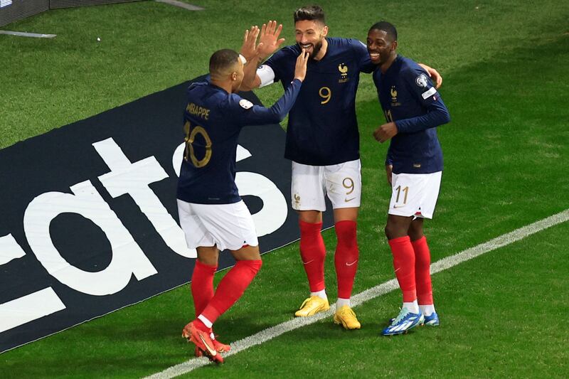 France's Ousmane Dembele, right, was another goalscorer against Gibraltar. AFP 