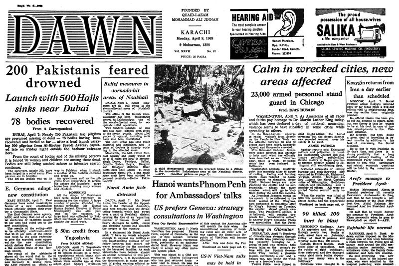 The front page of Dawn on April 8, 1968, features a story on the sinking of the dhow and drowning of around 200 pilgrims off Dubai coast. Photo: Dawn