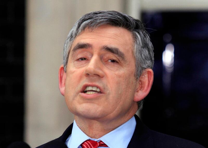 FILE - In this file photo dated Tuesday May 11, 2010, Britain's then Prime Minister Gordon Brown announces his resignation, outside No.10 Downing Street in London.  Brown describes in his new memoir revealed Monday Oct. 30, 2017, how he feared he was going blind while in power, saying he woke up one morning and could not see properly out of his one good eye forcing him to extemporise and abandon a prepared speech.  (AP Photo/Lefteris Pitarakis, FILE)