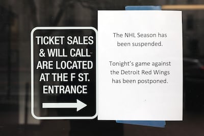 WASHINGTON, DC - MARCH 12: Signs outside read that the NHL Season has been suspended after the Detroit Red Wings against the Washington Capitals game was postponed due to the coronavirus at Capital One Arena on March 12, 2020 in Washington, DC. Today the NHL announced is has suspended their season due to the uncertainty of the coronavirus (COVID-19) with hopes of returning. The NHL currently joins the NBA, MLS, as well as, other sporting events and leagues around the world suspending play because of the coronavirus outbreak.   Patrick Smith/Getty Images/AFP
== FOR NEWSPAPERS, INTERNET, TELCOS & TELEVISION USE ONLY ==
