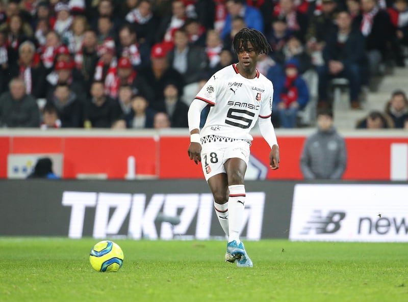 LILLE, FRANCE - FEBRUARY 4: Eduardo Camavinga of Stade Rennais during the Ligue 1 match between Lille OSC (LOSC) and Stade Rennais (Rennes) at Stade Pierre Mauroy on February 4, 2020 in Villeneuve d'Ascq near Lille, France. (Photo by Jean Catuffe/Getty Images)