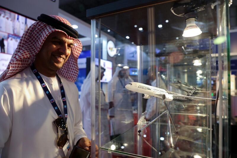 Dubai, United Arab Emirates - November 14th, 2017: Jasim Hassan looks at a model of an Airbus A350 at the Dubai airshow. Tuesday, November 14th, 2017 at Al Maktoum Airport, Dubai. Chris Whiteoak / The National
