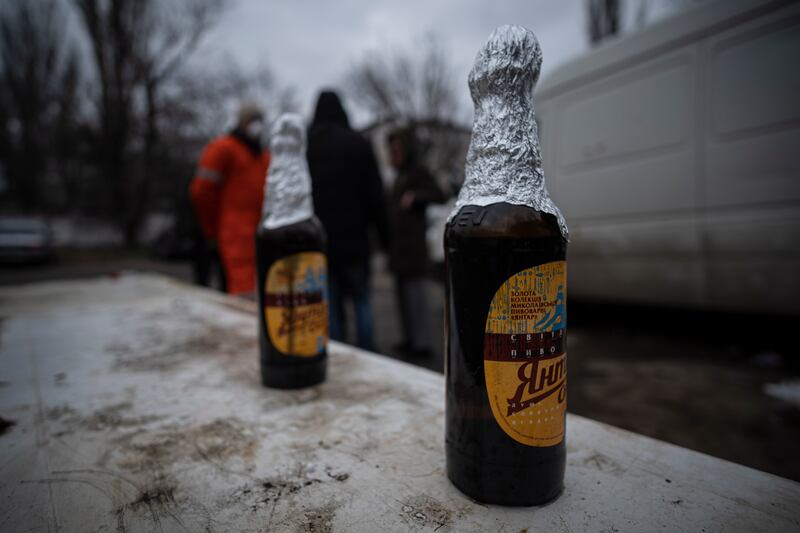 Molotov cocktails prepared by a group of volunteers in Odesa.  Hundreds are made every day. EPA