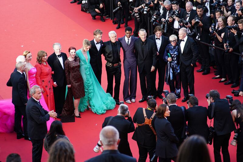 (6L-R) Priscilla Presley, Olivia DeJonge, Austin Butler, Baz Luhrmann, Alton Mason, Tom Hanks, Steve Binder, Catherine Martin, and Patrick McCormick. EPA