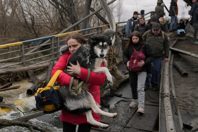 A woman holds a dog while crossing the Irpin River on an improvised path under a bridge that was destroyed by a Russian airstrike, while assisting people fleeing the town of Irpin, Ukraine. AP Photo