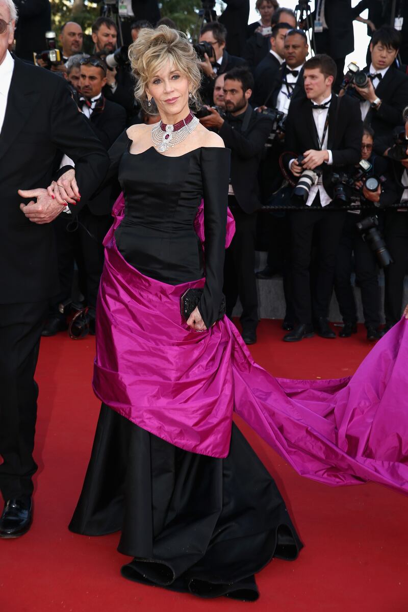Jane Fonda, in a black and pink gown, attends the 'Youth' premiere during the 68th annual Cannes Film Festival on May 20, 2015