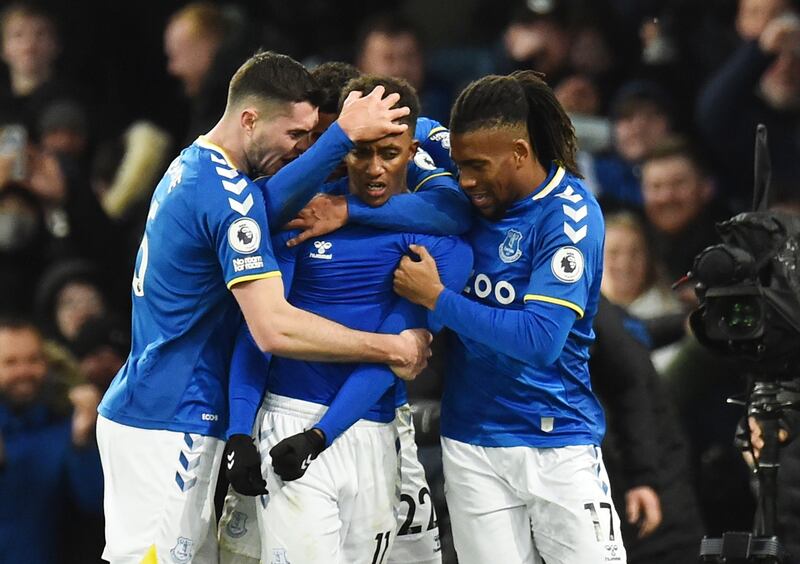 Demarai Gray celebrates Everton's winner in the 2-1 victory against Arsenal at Goodison Park. EPA