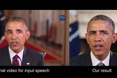 A screenshot of the video Synthesizing Obama: Learning Lip Sync from Audio. A neural network first converts the sounds from an audio file into basic mouth shapes. Then the system grafts and blends those mouth shapes onto an existing target video and adjusts the timing to create a new realistic, lip-synced video. Courtesy University of Washington