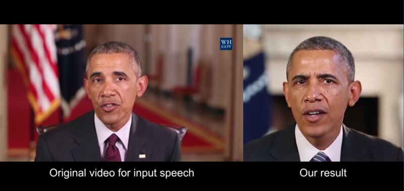 A screenshot of the video Synthesizing Obama: Learning Lip Sync from Audio. A neural network first converts the sounds from an audio file into basic mouth shapes. Then the system grafts and blends those mouth shapes onto an existing target video and adjusts the timing to create a new realistic, lip-synced video. Courtesy University of Washington