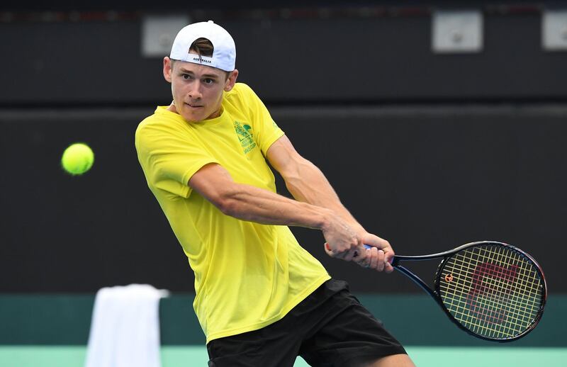 epa06487059 Australian Alex de Minaur in action during a practice session at Pat Rafter Arena in Brisbane, Australia, 31 January 2018. The Davis Cup World Group First Round tie between Australia and Germany will take place on hardcourt at Pat Rafter Arena from 02 to 04 February.  EPA/DAVE HUNT AUSTRALIA AND NEW ZEALAND OUT
