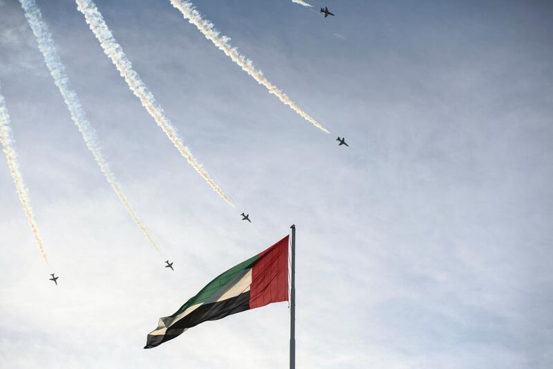 Abu Dhabi, United Arab Emirates - Al Fursan aerobatic demonstration lights up the skyline of Abu Dhabi on December 2, 2018. (Khushnum Bhandari/ The National)
