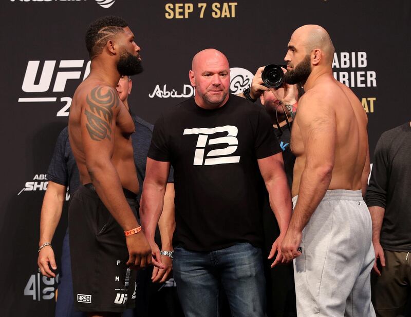 Abu Dhabi, United Arab Emirates - September 06, 2019: Curtis Blaydes (L) and Shamil Abdurakhimov square up at UFC 242. Friday the 6th of September 2019. Yes Island, Abu Dhabi. Chris Whiteoak / The National