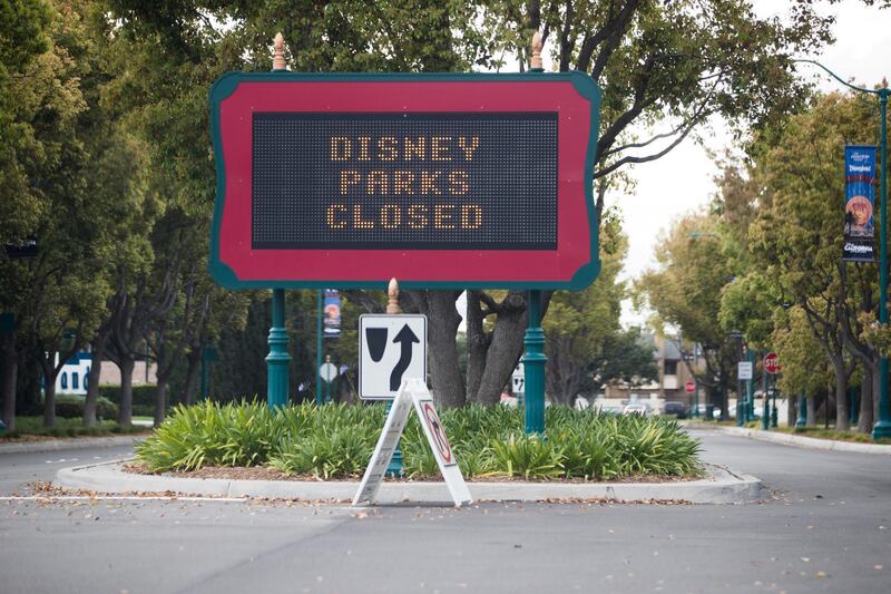 LOS ANGELES, - MARCH 14: Disney theme parks are closed as the coronavirus continues to spread across the United States on March 14, 2020 in Anaheim, California. The World Health Organization declared coronavirus (COVID-19) a global pandemic on March 11th.   Rich Fury/Getty Images/AFP