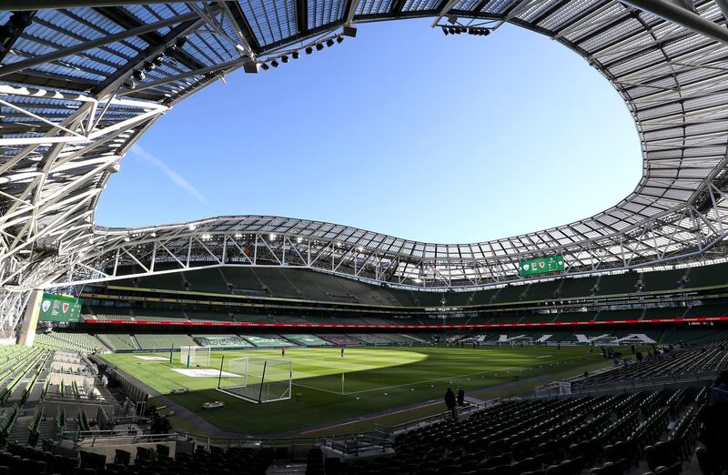 File photo dated 11-10-2020 of General view of the Aviva Stadium, Dublin. Dublin’s Euro 2020 group matches have been reassigned to St Petersburg. The Irish capital has been unable to provide minimum capacity assurances to UEFA and has been stripped of hosting rights. Issue date: Friday April 23, 2021. PA Photo. See PA story SOCCER Euro 2020. Photo credit should read Brian Lawless/PA Wire.