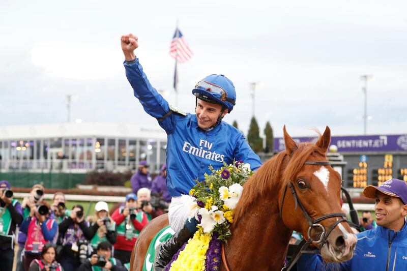 Nov 2, 2018; Louisville, KY, USA; Jockey William Buck aboard Line Of Duty (5) wins the  Breeders Cup Juvenile Turf at Churchill Downs. Mandatory Credit: Brian Spurlock-USA TODAY Sports