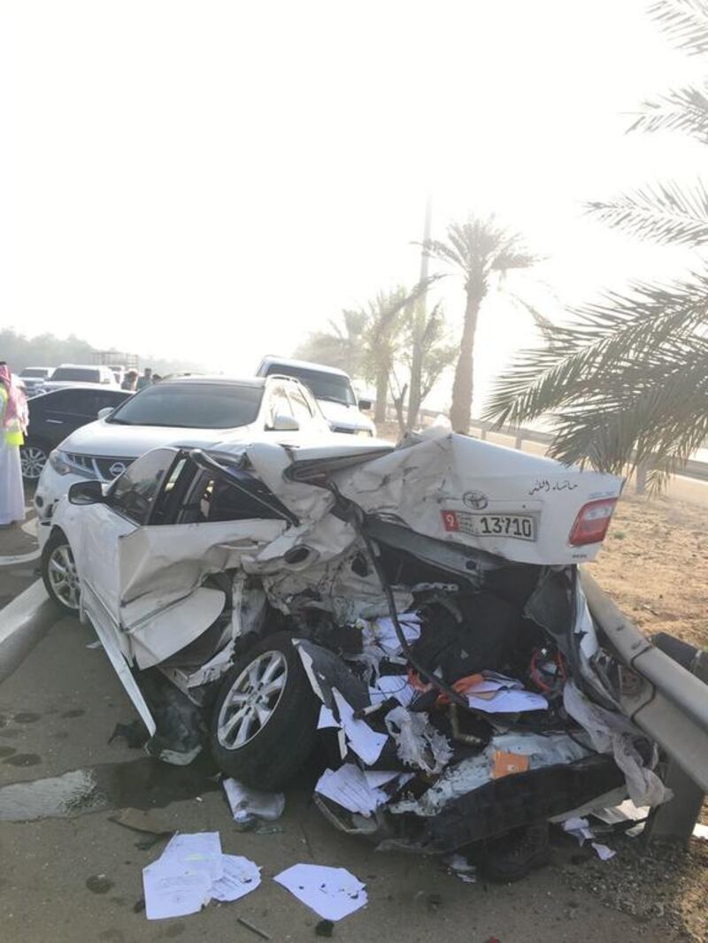 Some of the 25 vehicles that were involved in Monday’s crash on Al Ain Road in heavy fog. Courtesy Abu Dhabi Police