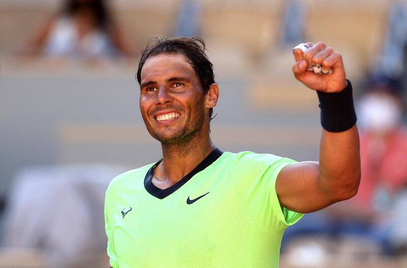 Rafael Nadal celebrates after his French Open first-round win against Alexei Popyrin at Roland Garros on Tuesday, June 1. Getty
