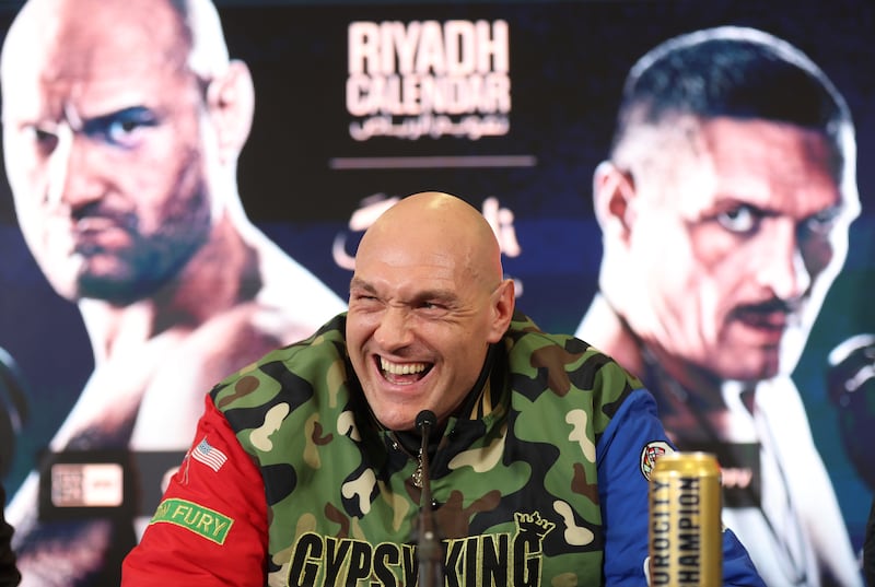 Tyson Fury speaks during a press conference ahead of the IBF, IBO, WBA, WBO and WBC undisputed world heavyweight title fight against Oleksandr Usyk in Saudi Arabia. Getty Images 