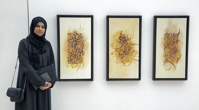 Dubai, 18, Sept,2017 : Artist Narjes Nourddine pose next to her artworks   during the UAE Women in Art exhibition at the Zayed University in Dubai. Satish Kumar / For the National / Story by Nawal Al Ramahi