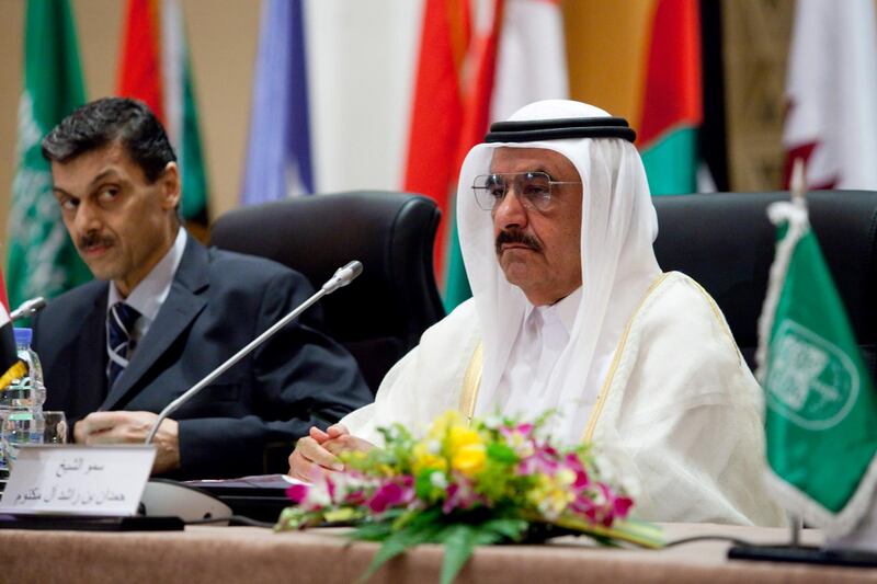 Dubai, United Arab Emirates - April 2 2013 - H.H Sheikh Hamdan bin Rashid Al Maktoum, Deputy Ruler of Dubai and Minister of Finance speaks at the opening session of the Annual Meetings of the Arab Financial Institutions and the Fourth Meeting of the Council of Arab Ministers of Finance.  (Razan Alzayani / The National)