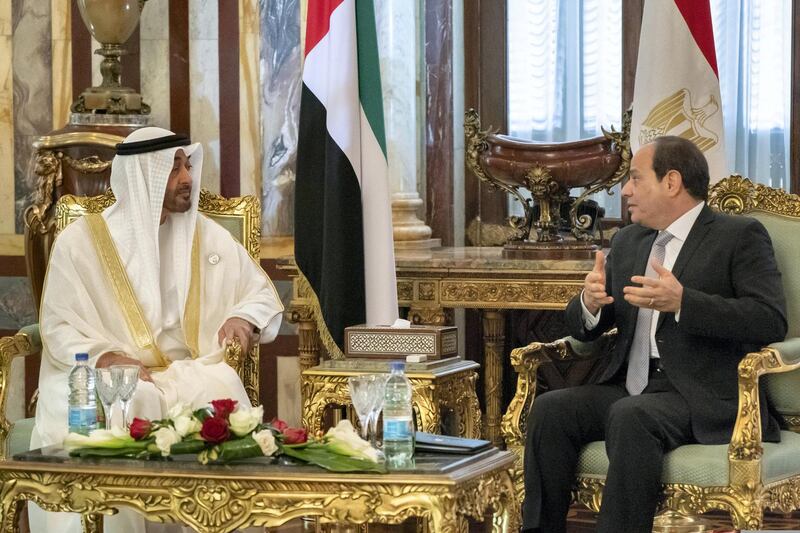 ALEXANDRIA, EGYPT - March 27, 2019: HH Sheikh Mohamed bin Zayed Al Nahyan, Crown Prince of Abu Dhabi and Deputy Supreme Commander of the UAE Armed Forces (L) meets with HE Abdel Fattah El Sisi President of Egypt (R), at Ras El Tin Palace.

( Rashed Al Mansoori / Ministry of Presidential Affairs )
---