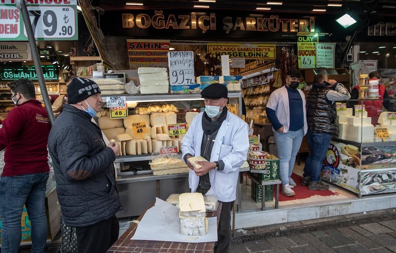 People shop near Misir (Egypt) Bazaar in Istanbul, Turkey. EPA