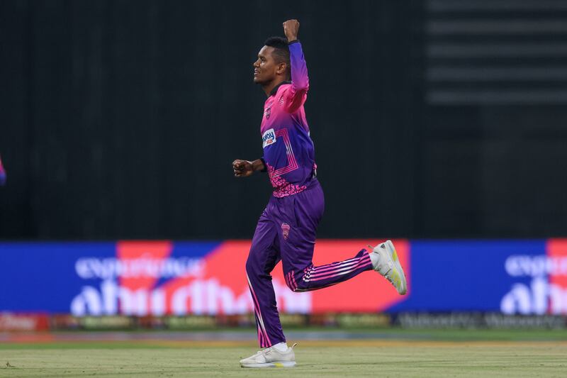 Akeal Hosein of New York Strikers celebrates after taking the wicket of Johnson Charles of Delhi Bulls.