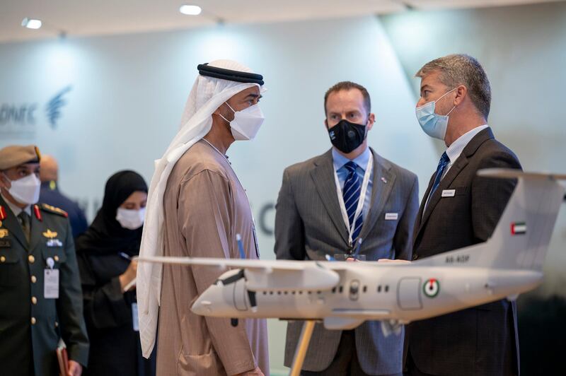 ABU DHABI, UNITED ARAB EMIRATES - February 25, 2021: HH Sheikh Mohamed bin Zayed Al Nahyan, Crown Prince of Abu Dhabi and Deputy Supreme Commander of the UAE Armed Forces (L), tours the International Defence Exhibition and Conference (IDEX), at ADNEC.

( Rashed Al Mansoori / Ministry of Presidential Affairs )
---