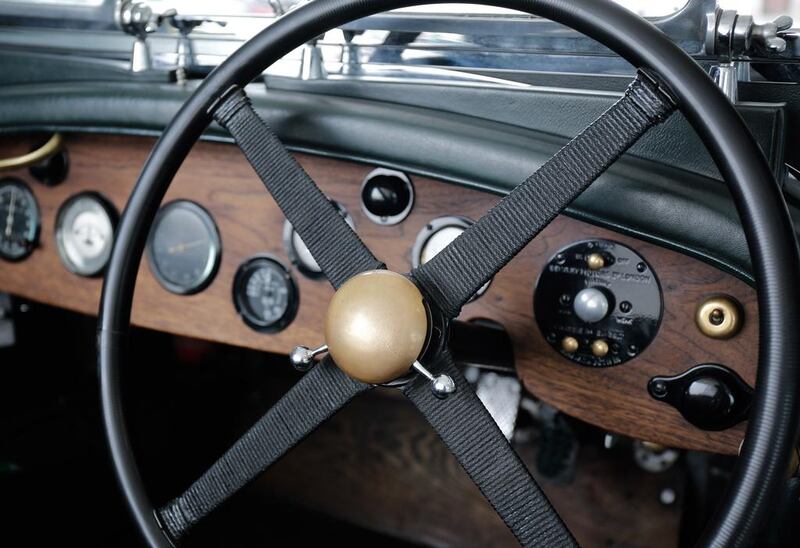 The steering wheel and dashboard instrumentation of Bentley’s 4 1/2 Litre supercharged Blower. Victor Besa for The National