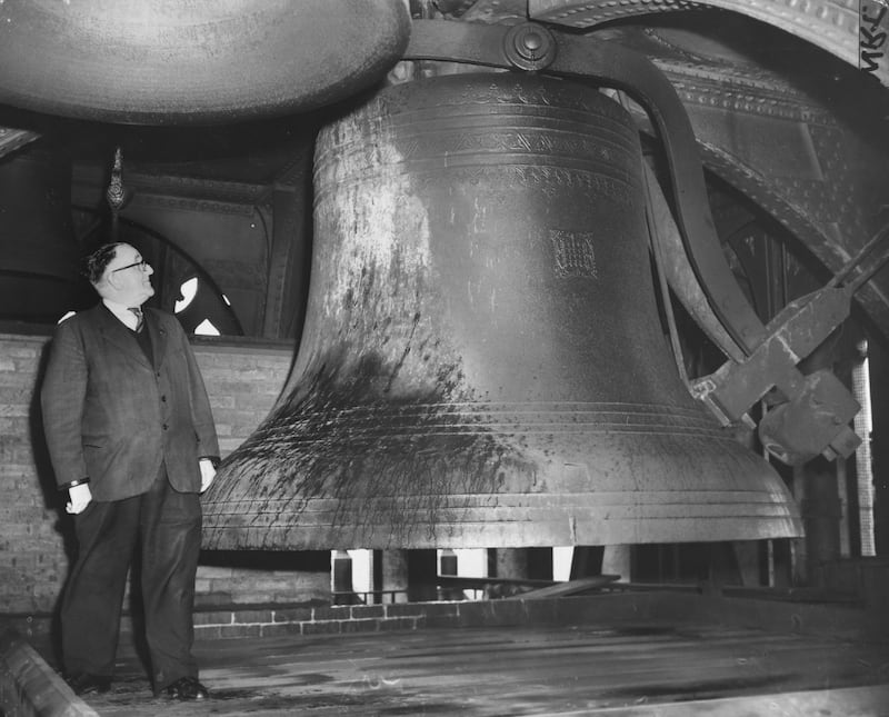 The 13.5 ton bell known as Big Ben is seen in 1959. The clock came into operation on May 31, 1859, but Big Ben itself did not ring out until July 11 of that year. Getty Images