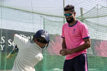 DUBAI, UNITED ARAB EMIRATES. 28 MARCH 2021.Ahmed Raza, UAE Cricket Captain, coaching kids at the Rajasthan Royals Academy in Dubai. (Photo: Antonie Robertson/The National) Journalist: Paul Radley. Section: Sport.