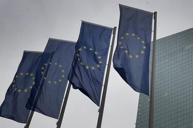 Flags of the European Union fluttering in front of the headquarters of the European Central Bank (ECB) in Frankfurt, Germany. Disagreement remains among the EU27 nations around the size and type of a proposed €500bn bailout package to tackle the economic effects of the Covid-19 pandemic. AFP