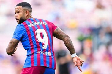 BARCELONA, SPAIN - AUGUST 29: Memphis Depay of FC Barcelona looks on during the La Liga Santader match between FC Barcelona and Getafe CF at Camp Nou on August 29, 2021 in Barcelona, Spain. (Photo by David Ramos / Getty Images)