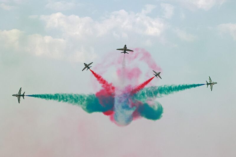 The Saudi Hawks Air Force aerobatic team performs in Riyadh during celebrations for Saudi Arabi's 92nd National Day. AFP