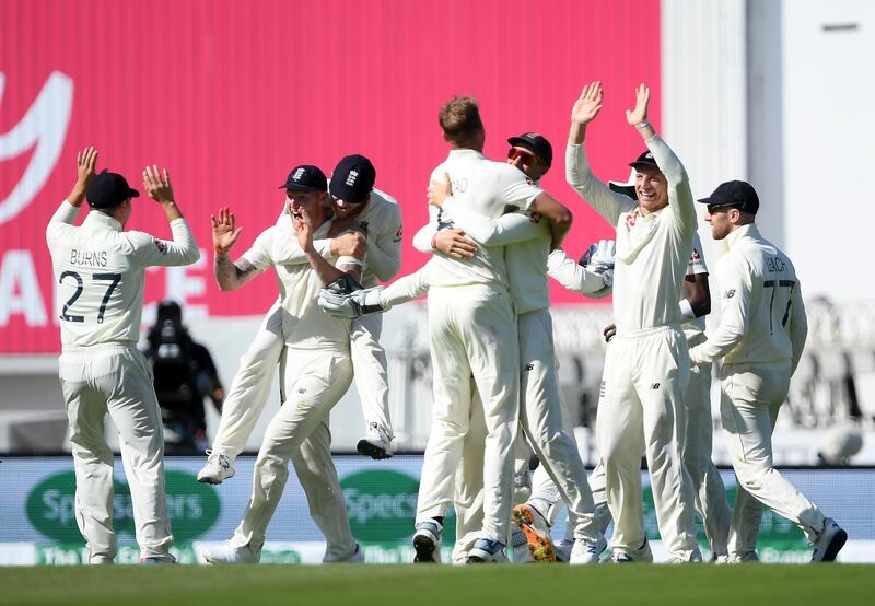 England players celebrate the wicket of Steve Smith. Getty
