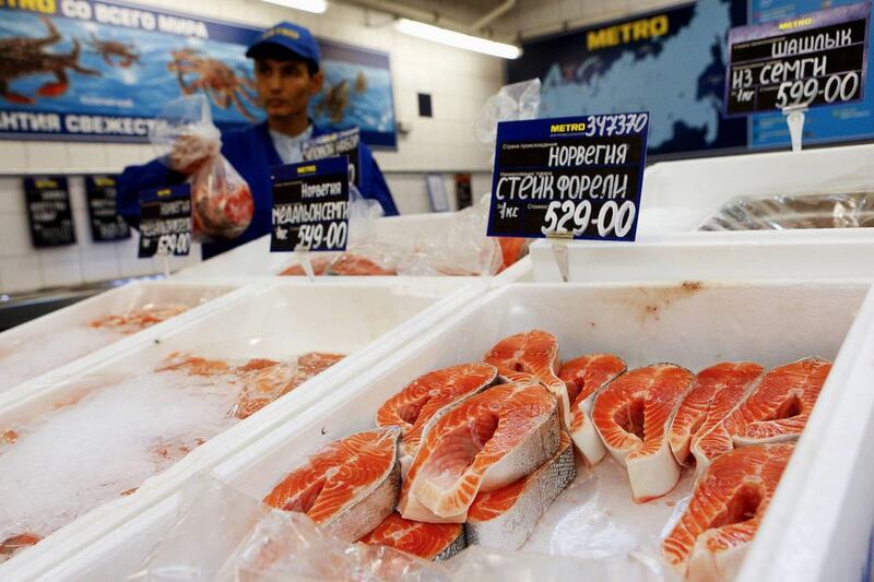 Seafood on sale at a Metro Cash and Carry store in Moscow. Russian authorities say they are confident the supermarket shelves will not be left empty – they are searching for alternative suppliers in South America, Turkey and China. Maxim Shemetov / Reuters