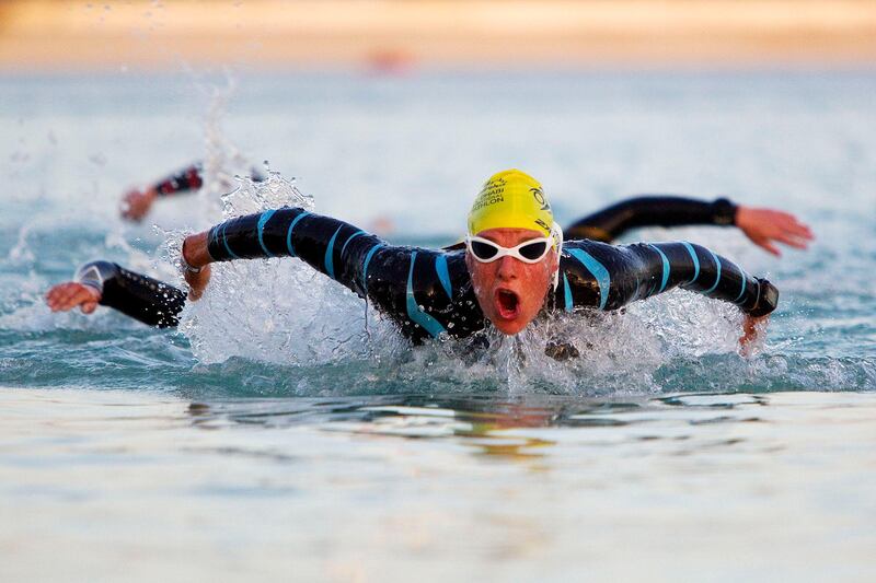 Abu Dhabi, United Arab Emirates, March 2, 2013:    Elite female long distance triathletes exit the water during the swim section of the Abu Dhabi International Triathlon in Abu Dhabi on March 2, 2013. Christopher Pike / The National