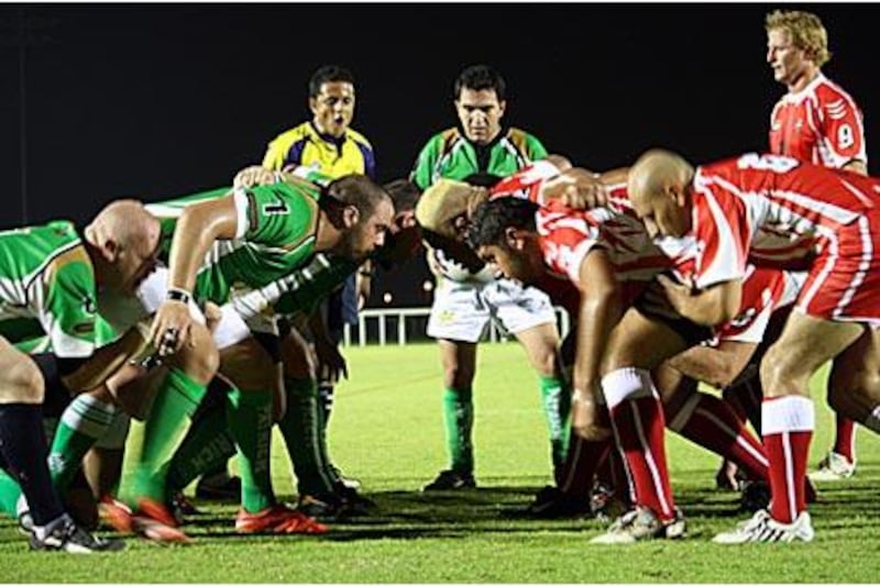 Riyadh, left, and Toa Dubai pack down for a one-sided scrummaging battle on Thursday night.