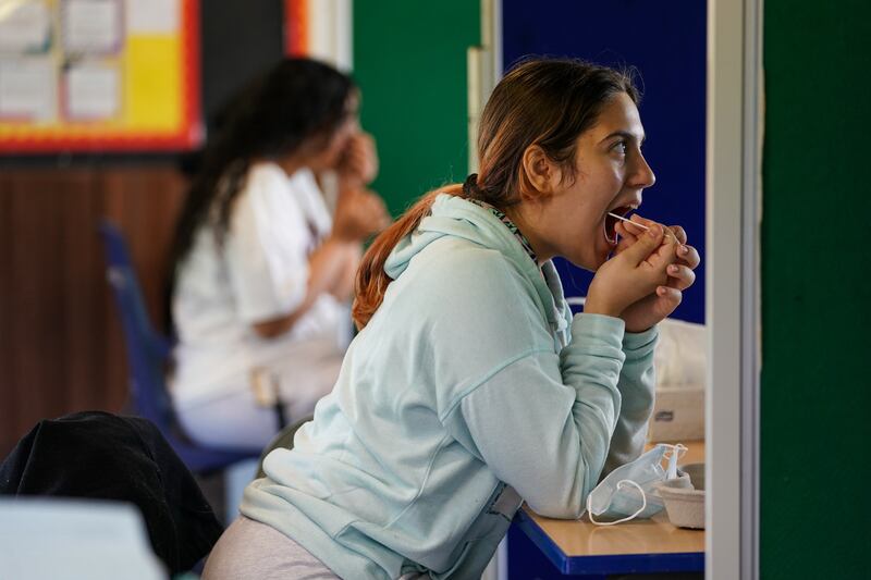 Pupils at Copthall School, In Mill Hill, Barnet, are tested for Covid-19 ahead of their return to school. Getty Images