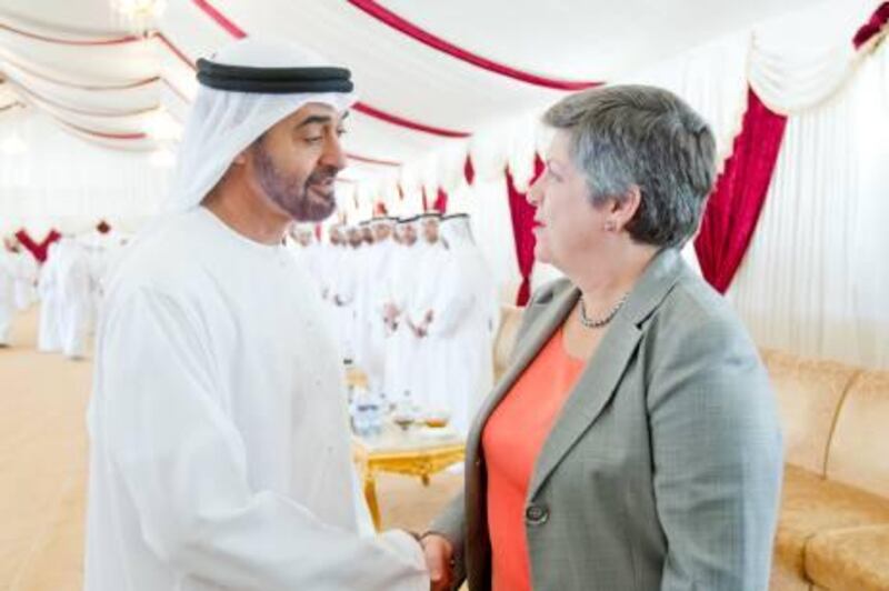 AL AQAH, FUJAIRAH, UNITED ARAB EMIRATES - December 4, 2011:   HH General Sheikh Mohamed bin Zayed Al Nahyan Crown Prince of Abu Dhabi Deputy Supreme Commander of the UAE Armed Forces, receives Janet Napolitano, United States Secretary of Homeland Security, in Al Aqah, Fujairah. 
( Ryan Carter / Crown Prince Court - Abu Dhabi )