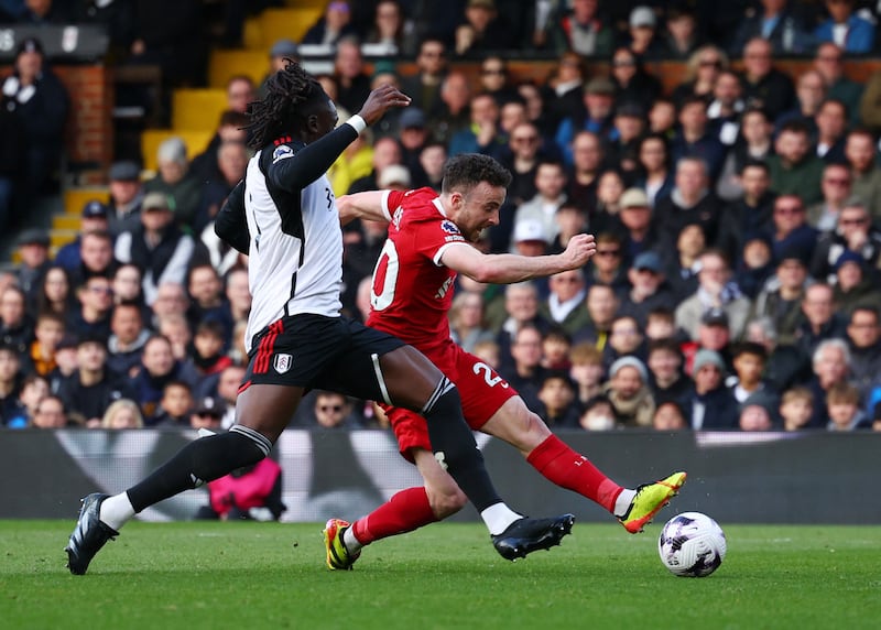 Liverpool's Diogo Jota scores their third goal in the 3-1 Premier League win against Fulham at Craven Cottage on April 21, 2024. Action Images