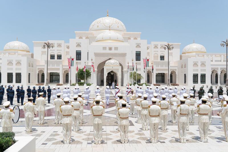 ABU DHABI, UNITED ARAB EMIRATES - April 29, 2018: HH Sheikh Mohamed bin Zayed Al Nahyan Crown Prince of Abu Dhabi Deputy Supreme Commander of the UAE Armed Forces and HE Sebastian Kurz, Chancellor of Austria, stand for the national anthem, during a reception held at the Presidential Palace.

( Rashed Al Mansoori / Crown Prince Court - Abu Dhabi )
---