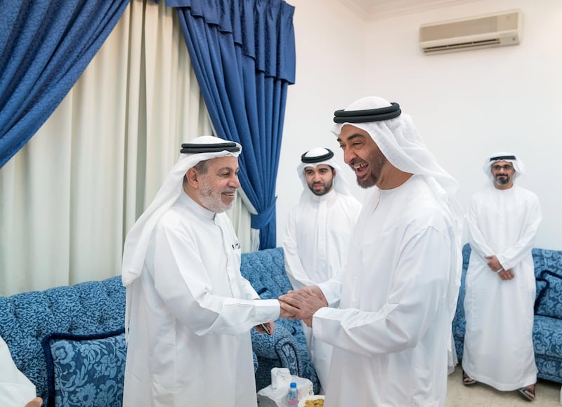 ABU DHABI, UNITED ARAB EMIRATES - October 09, 2017: HH Sheikh Mohamed bin Zayed Al Nahyan, Crown Prince of Abu Dhabi and Deputy Supreme Commander of the UAE Armed Forces (R) visits the home of his former teacher, Ahmed Mandi (L), at Khalifa City.
( Mohamed Al Hammadi / Crown Prince Court - Abu Dhabi )
---