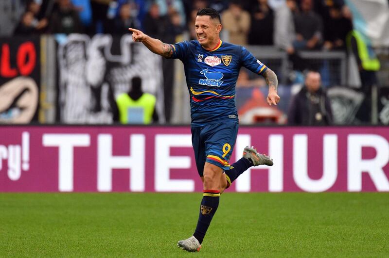 ROME, ITALY - NOVEMBER 10:  Gianluca Lapadula of US Lecce celebrates a frist goal during the Serie A match between SS Lazio and US Lecce at Stadio Olimpico on November 10, 2019 in Rome, Italy.  (Photo by Marco Rosi/Getty Images)