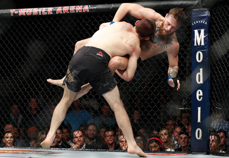 Khabib Nurmagomedov takes down Conor McGregor. AP Photo