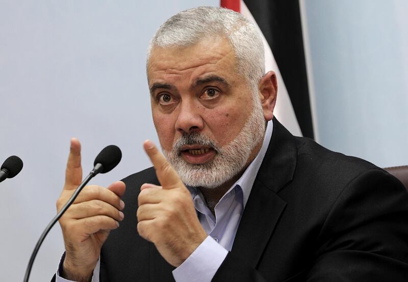 epa06488370 (FILE) - Hamas top leader Sheikh Ismail Haniyeh speaks during a press conference at his office in Gaza City, 23 January 2018 (reissued 31 January 2018). US Department of State on 31 January 2018 designated Ismail Haniyeh as Specially Designated Global Terrorist. State Department said in a statement that Haniyeh 'has close links with Hamas' military wing… reportedly been involved in terrorist attacks against Israeli citizens'.  EPA/MOHAMMED SABER *** Local Caption *** 54058052