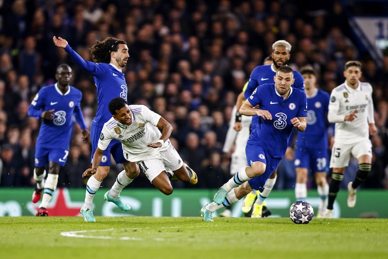 Marc Cucurella of Chelsea tangles with Rodrygo of Real Madrid. EPA