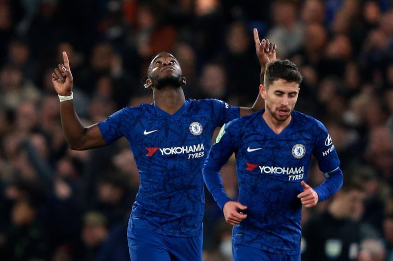 Chelsea's Michy Batshuayi, left, celebrates after scoring for Chelsea. Reuters