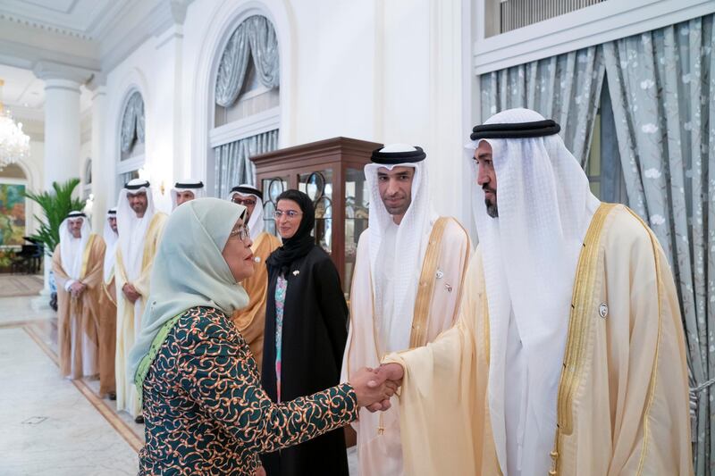 SINGAPORE, SINGAPORE - February 28, 2019: HE Halimah Yacob, President of Singapore (L), greets HE Mohamed Mubarak Al Mazrouei, Undersecretary of the Crown Prince Court of Abu Dhabi (R), prior to a meeting, at the Istana presidential palace.
 ( Mohamed Al Hammadi / Ministry of Presidential Affairs )
—